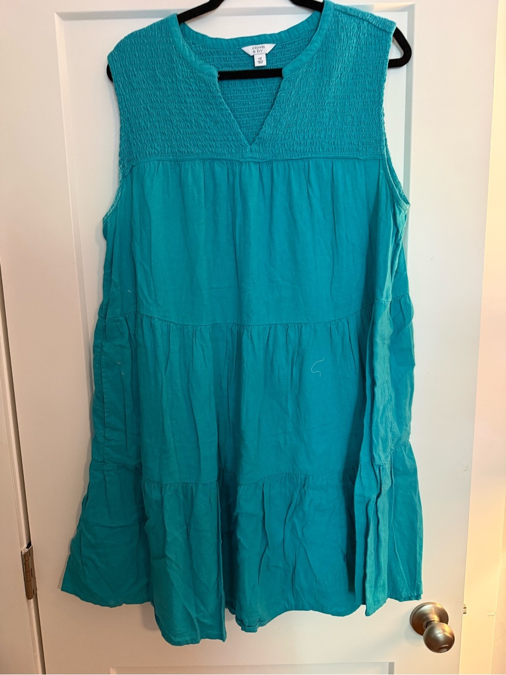 Crown & Ivy 1X Teal Tiered Sleeveless Dress Smocked V-Neck